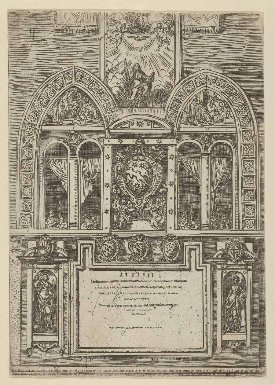 Fasáda Palazzo del Senato v Bologni s papežskými pažemi uprostřed, s dočasným ..., 1598. od Guido Reni