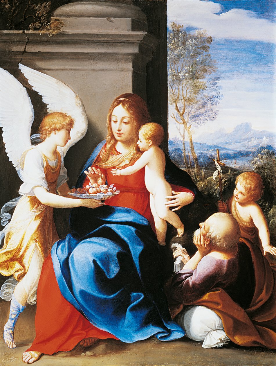Svatá rodina ve službách andělů, Guido Reni (1575-1642) od Guido Reni