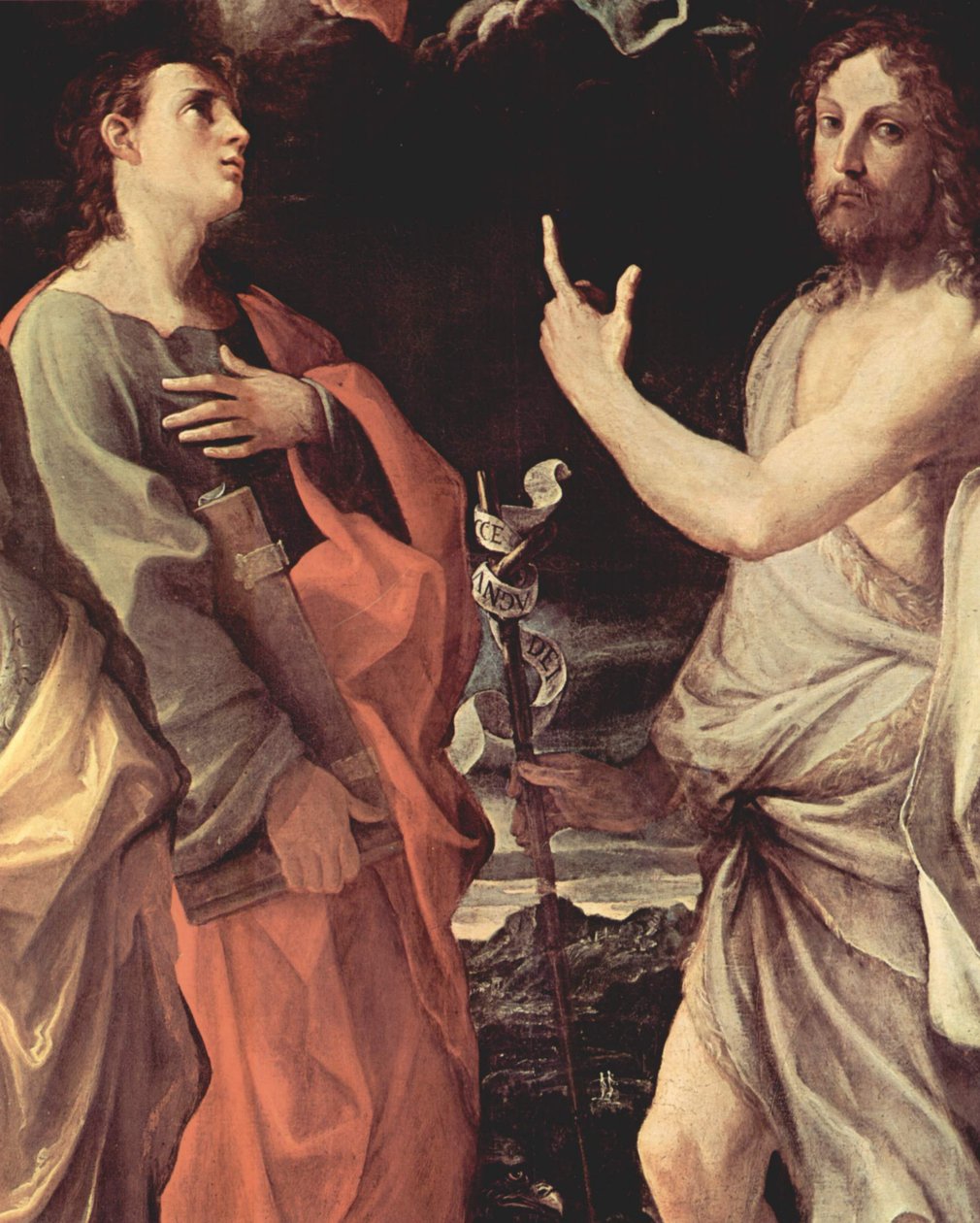 Italsky: Korunovace Panny Marie se svatými Janem Evangelistou, Janem Křtitelem, Bernardem a Kateřinou Alexandrijskou, detail: sv. Jan Evangelista a sv. Jan Křtitel od Guido Reni