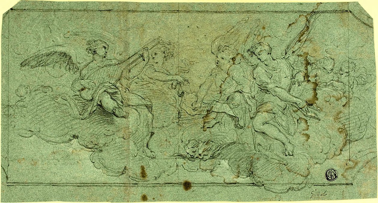 Hudební andělé v oblacích (recto); Sedící klerik (verze) od Guido Reni