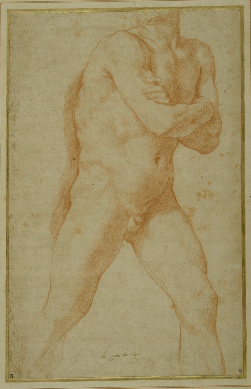 Nahý muž kráčí vpřed, se založenýma rukama a dívá se přes toto pravé rameno (červená křída na krémovém papíře) od Guido Reni