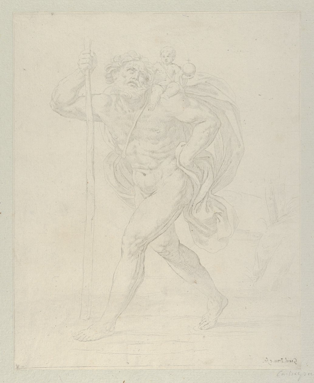Svatý Kryštof kráčí s nemluvnětem Kristem na levém rameni, protipro..., ca. 1600-1640. od Guido Reni