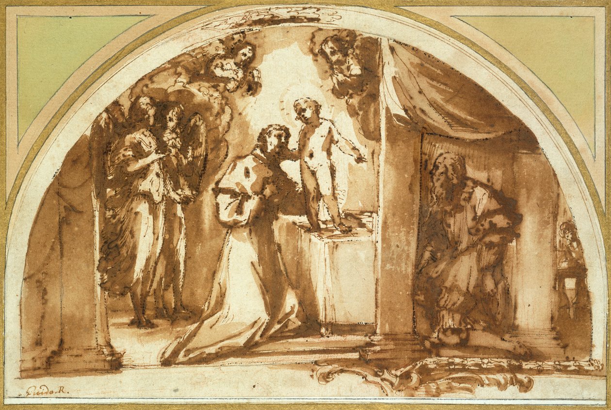 Svatý František adorující Jezulátko (červená křída, pero a hnědý inkoust, hnědé mytí) od Guido Reni