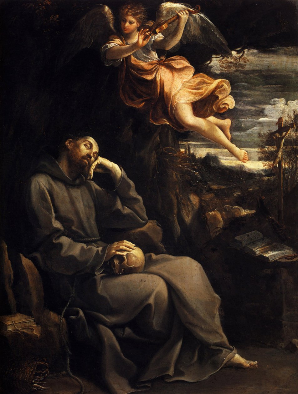 Svatý František Utěšený hudebním andělem od Guido Reni