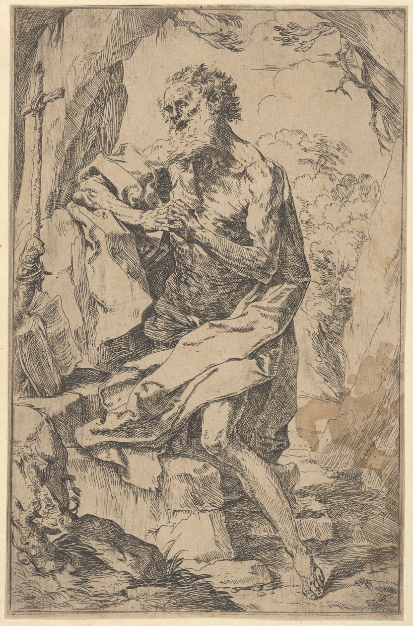 Svatý Jeroným klečící na skále před křížem a otevřenou knihou obrácenou doleva,..., ca. 1600-1640. od Guido Reni