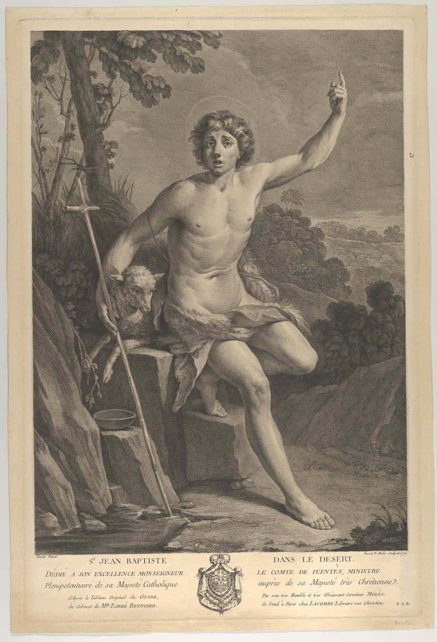 Svatý Jan Křtitel v poušti, sedící na skále a směřující vzhůru levým h..., 1770 od Guido Reni
