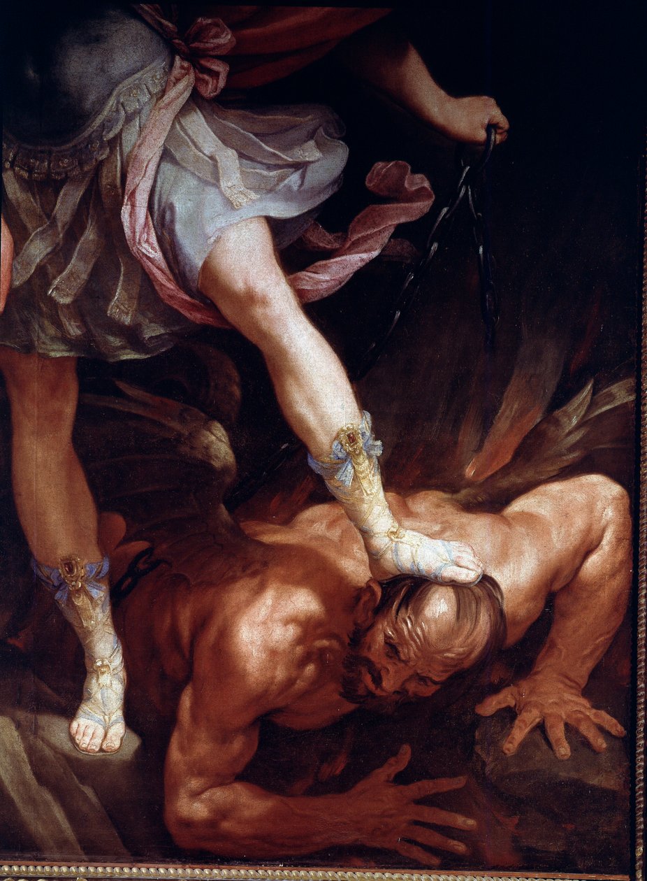 Svatý Michael drtí hlavu démona. Detail sandálových bot (Silk Painting od Guido Reni