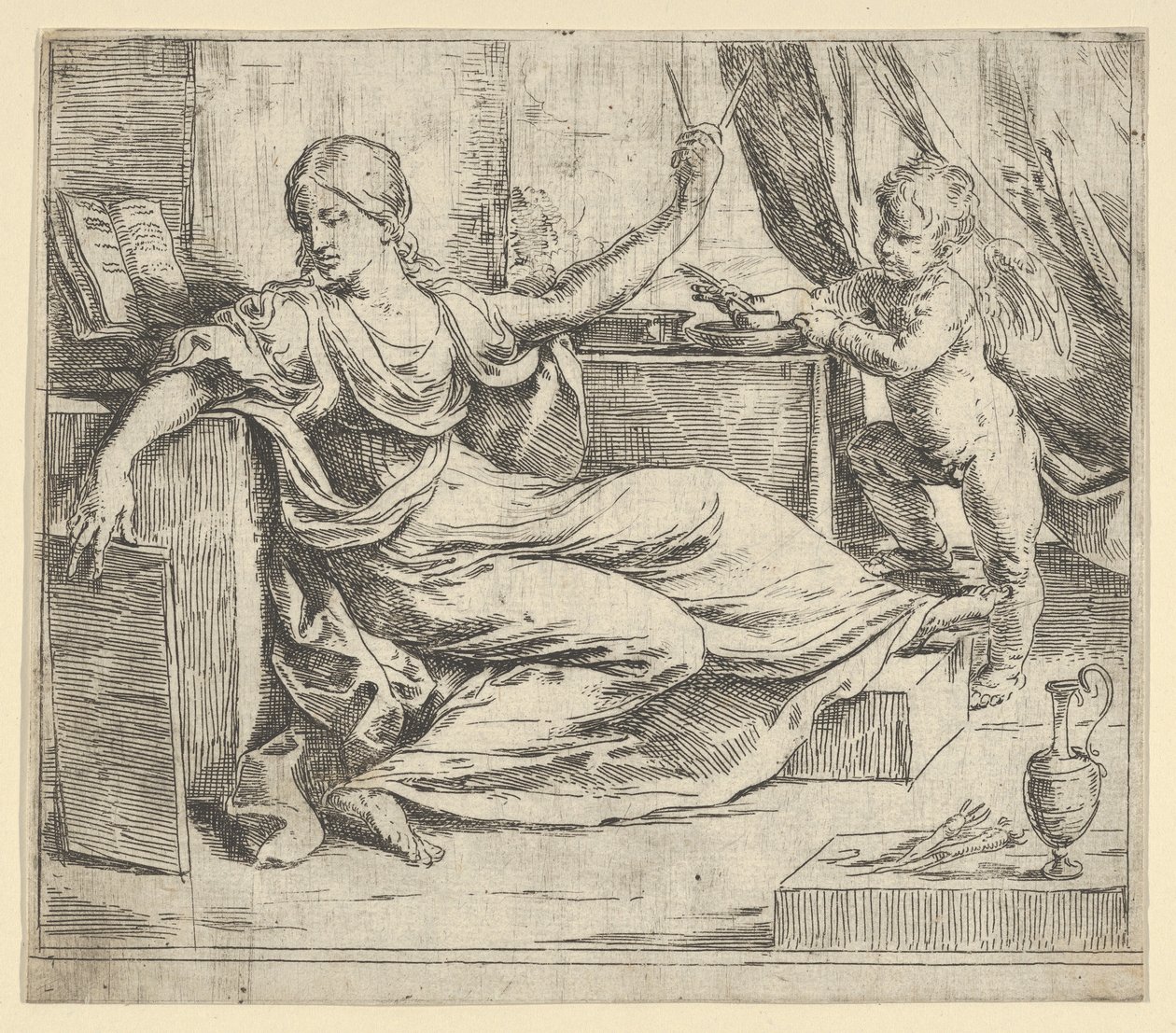 Sedící žena držící tablet a kompas, alegorie učení, okřídlený putto ..., ca. 1600-1640. od Guido Reni