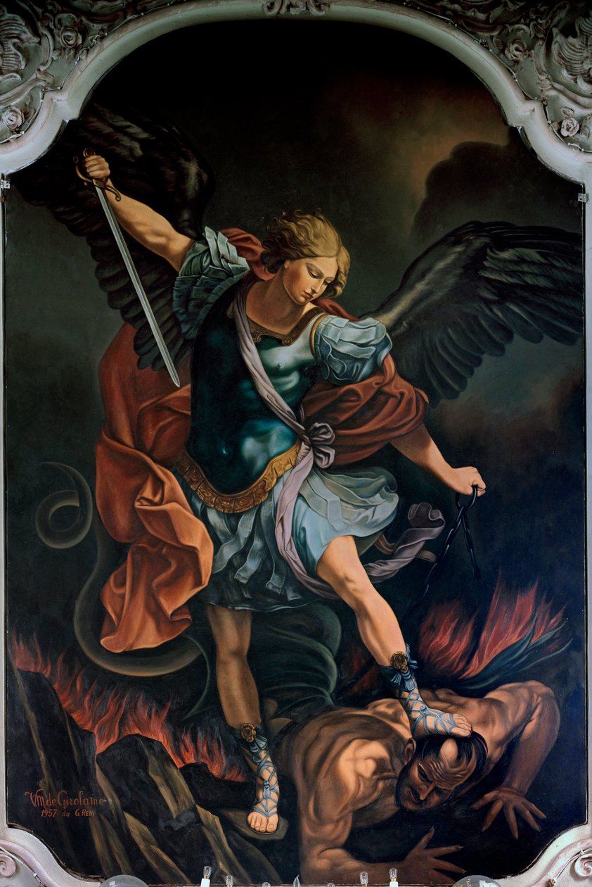 Archanděl Saint Michael Terrassing the Dragon Obraz od V. M. De Girolama (20. století) podle Guida Reniho. 1957 od Guido Reni