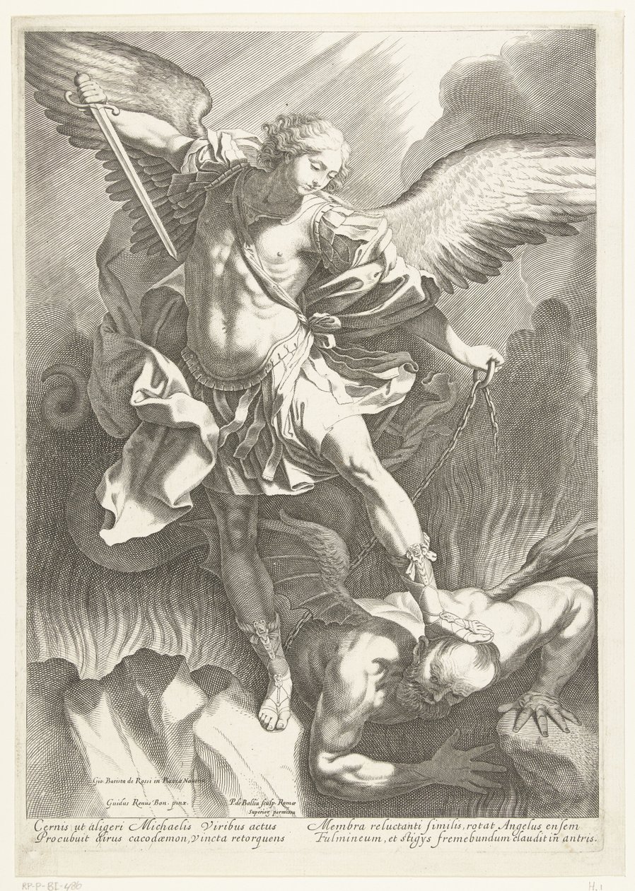 Archanděl svatý Michael porážející ďábla, vyrytý Pieter de Bailliu, 1623-60 od Guido Reni