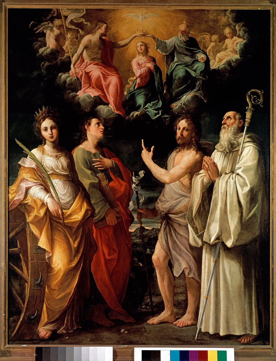 Korunovace Panny Marie čtyřmi svatými (Kateřina Alexandrijská, Jan Evangelista, Jan Křtitel a Bernard) - Panna Maria je v nebi zastoupena s Trojicí (Ježíš Kristus, Bůh a holubice Ducha svatého (Duch Svatý) (Koronát od Guido Reni