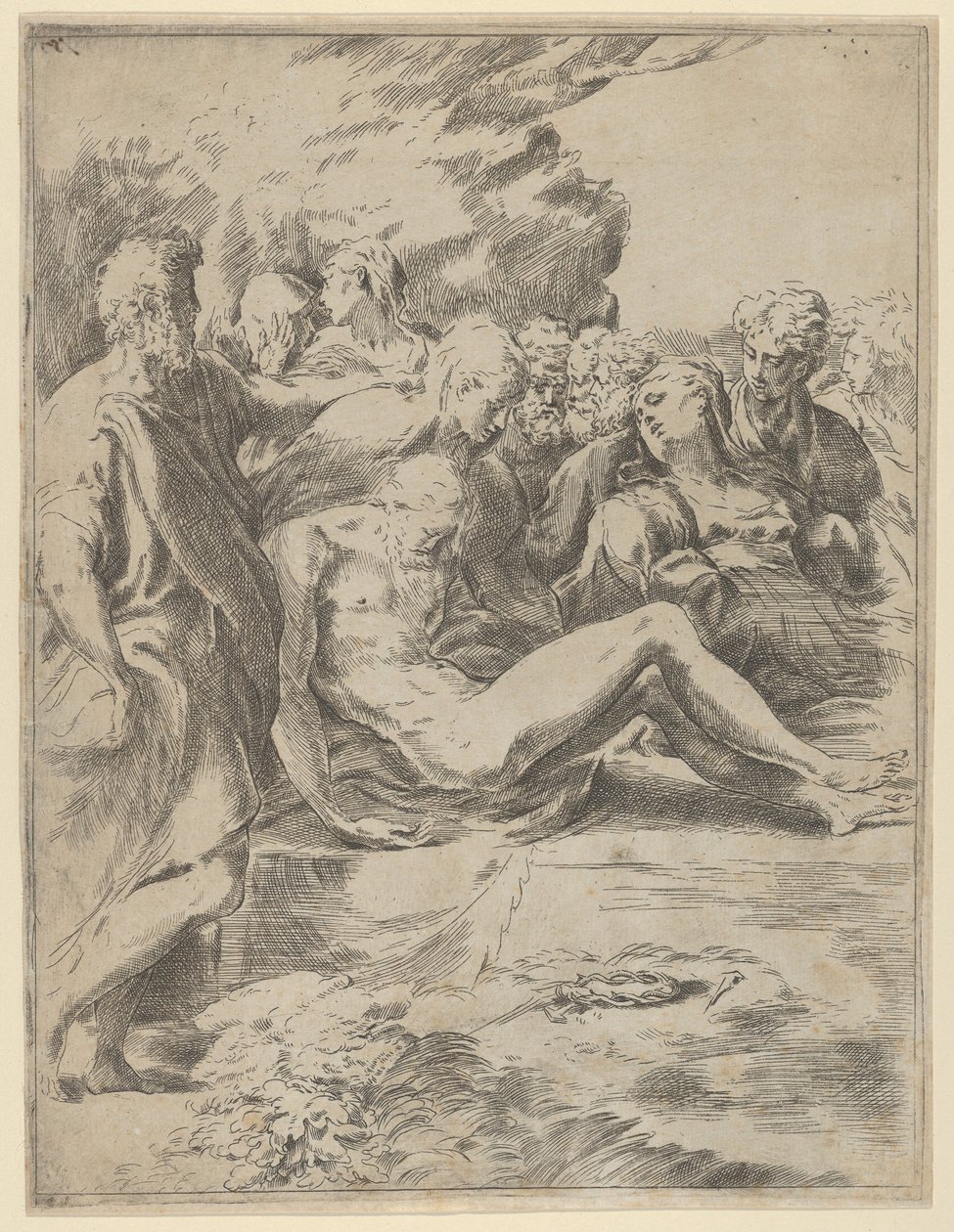 Pohřeb, Kristus s roztaženýma nohama, Panna vpravo, 1590-1600. od Guido Reni