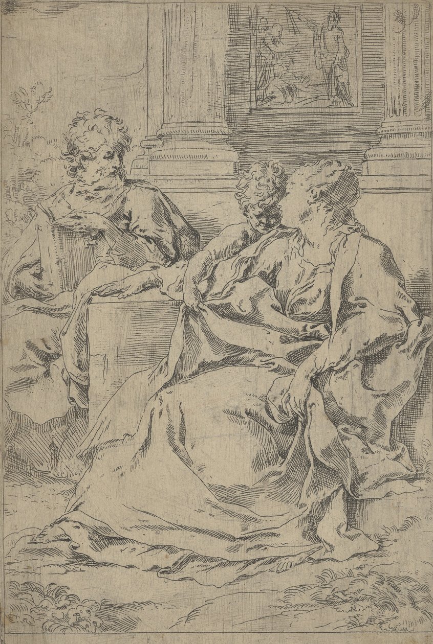 Svatá rodina sedí spolu před kolonádou, svatý Josef čte a..., ca. 1590-1610. od Guido Reni
