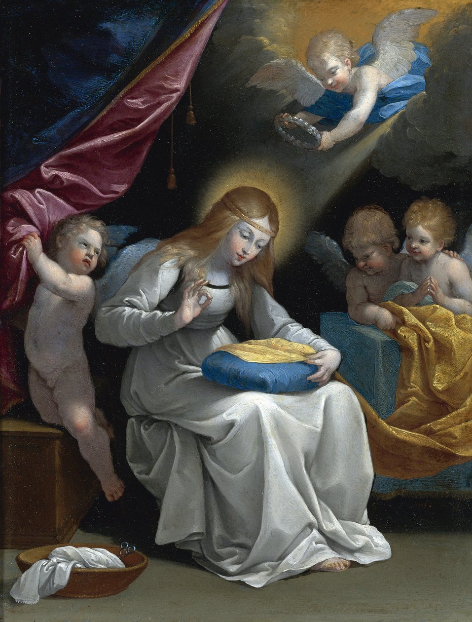 Panenské šití v doprovodu čtyř andělů (La Couseuse) par Reni, Guido (1575-1642). Olej na mědi, rozměr : 28,5x21,5, , Soukromá sbírka od Guido Reni