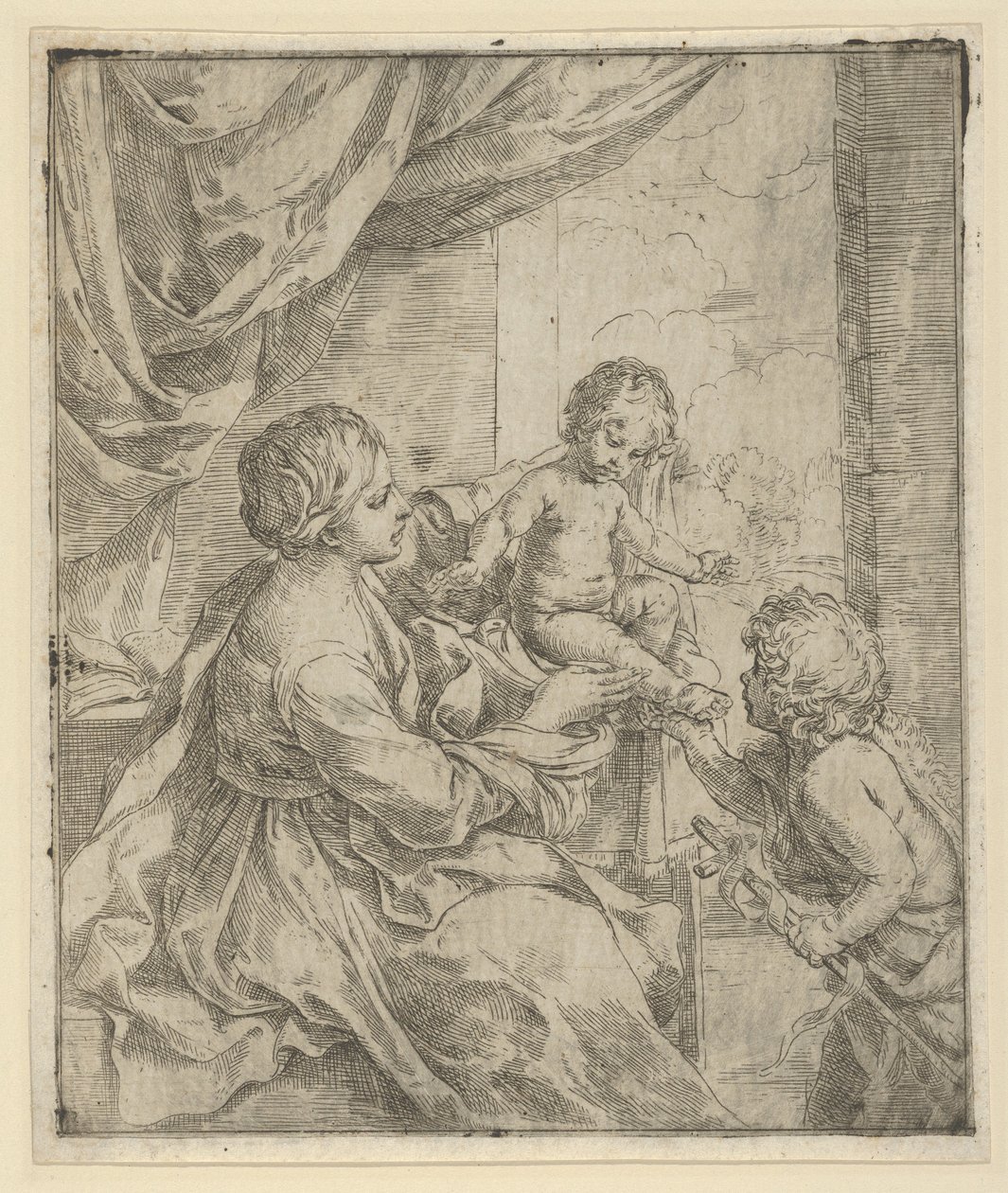 Panna a dítě u stolu s mladým Janem Křtitelem, ca. 1600-1640. od Guido Reni