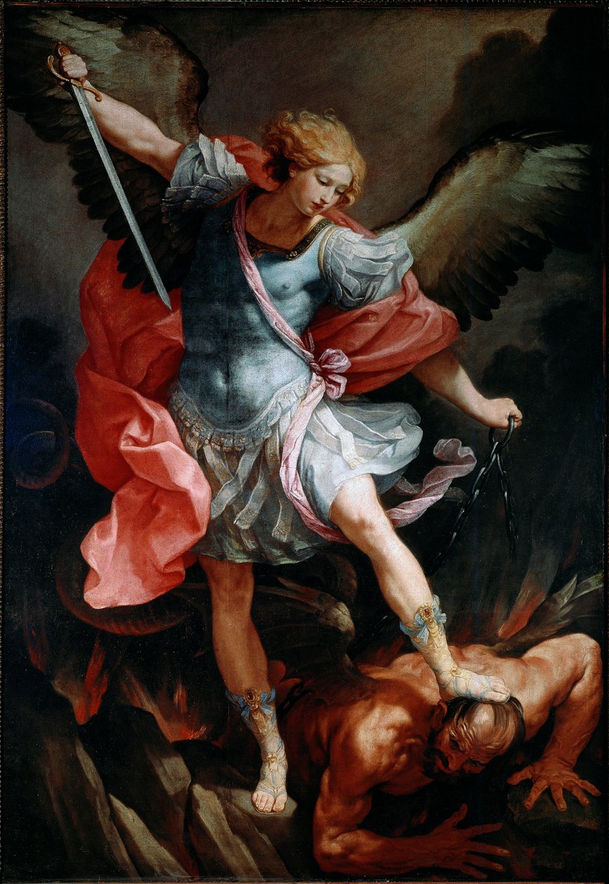 Archanděl Saint Michael rozdrtí hlavu démonovi Silk Painting od Guida Reniho zvaného Průvodce od Guido Reni