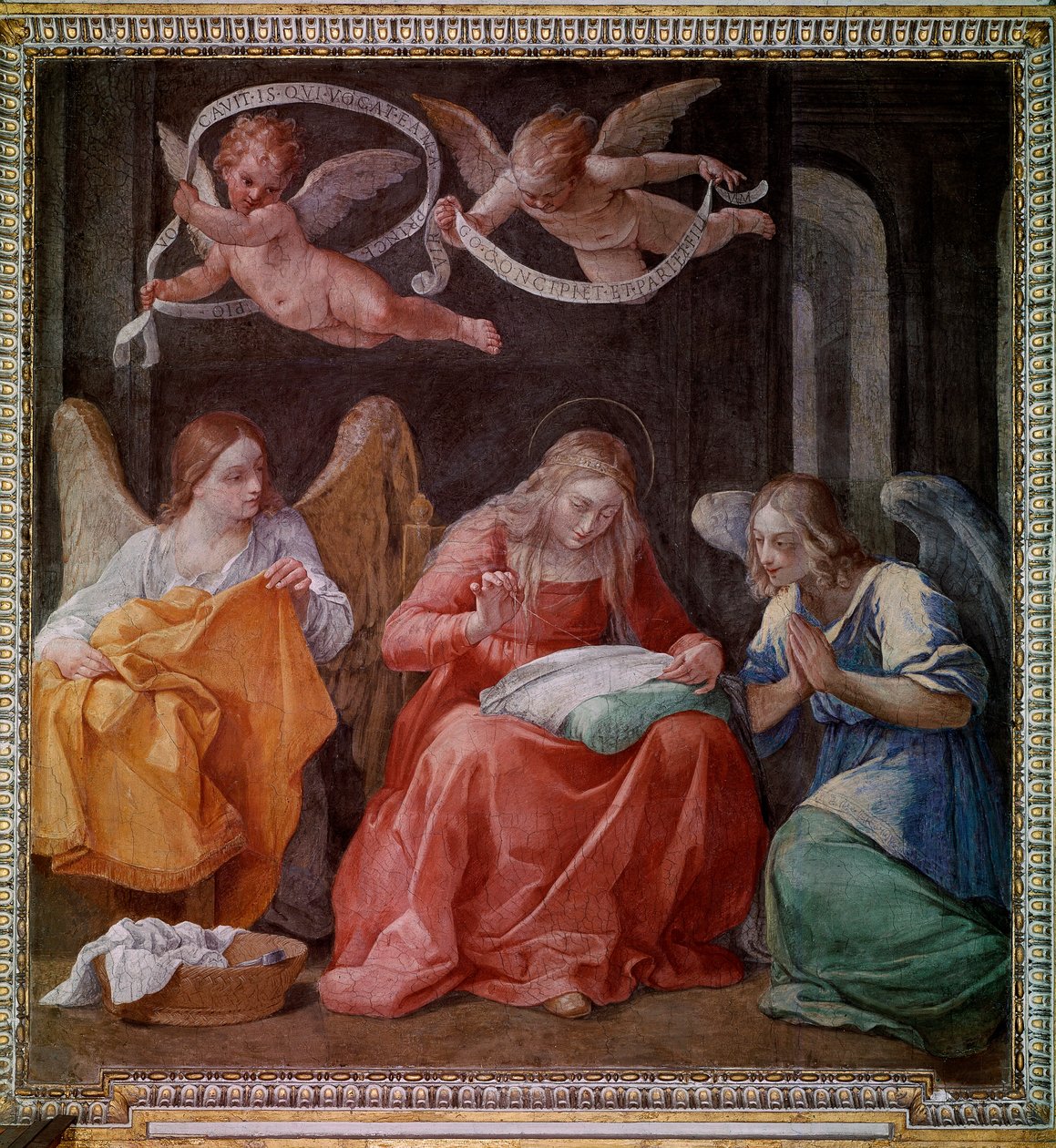 Šití panny se dvěma anděly (freska od Guido Reni