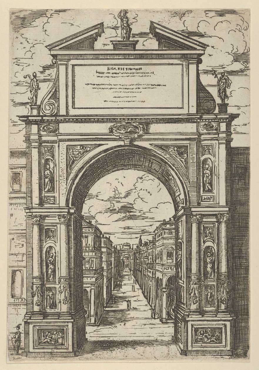 Triumfální oblouk převýšený sochou představující město Bologna, budovy viděné přes..., 1598. od Guido Reni