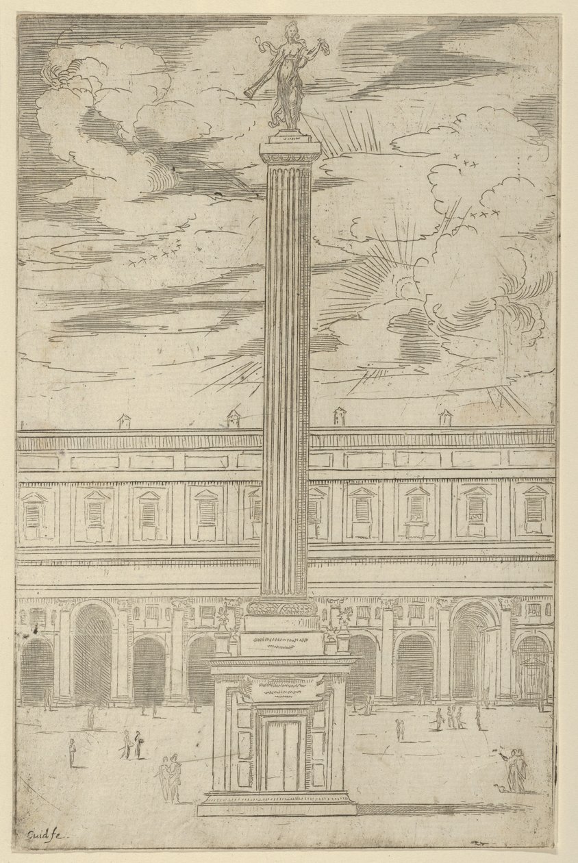 Triumfální sloup s ženskou postavou Slávy držící na vrcholu trubku, dočasný dekor..., 1598. od Guido Reni