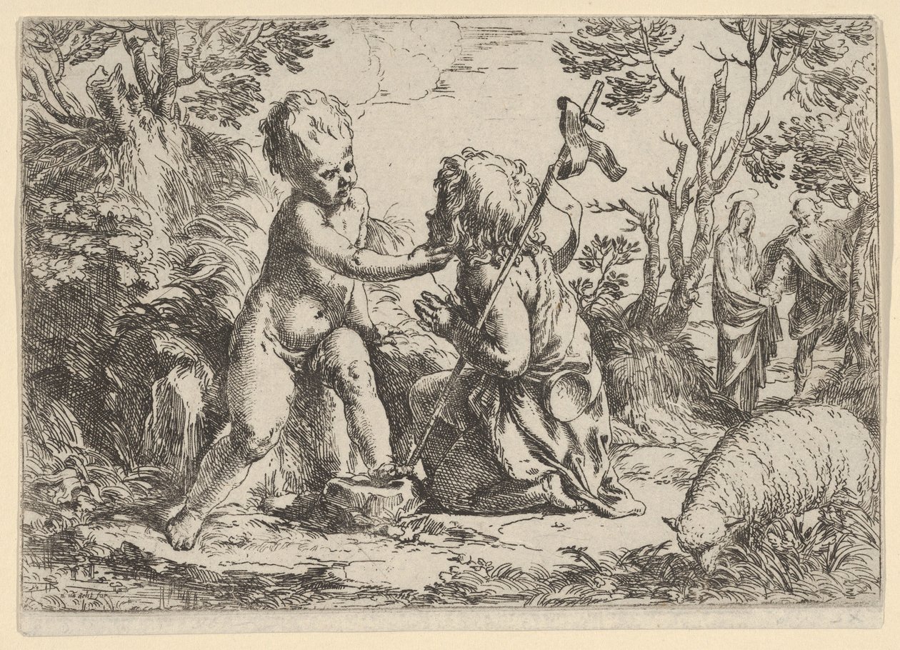 Mladý svatý Jan Křtitel klečící před dítětem Kristem, který hladí jeho f..., ca. 1600-1640. od Guido Reni