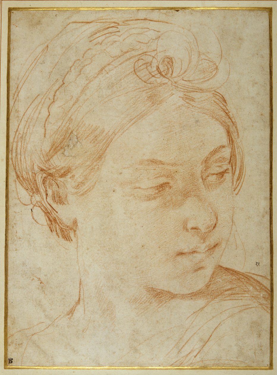 Hlava mladé ženy, otočená k pohledu přes levé rameno (červená křída na bílém papíře) od Guido Reni