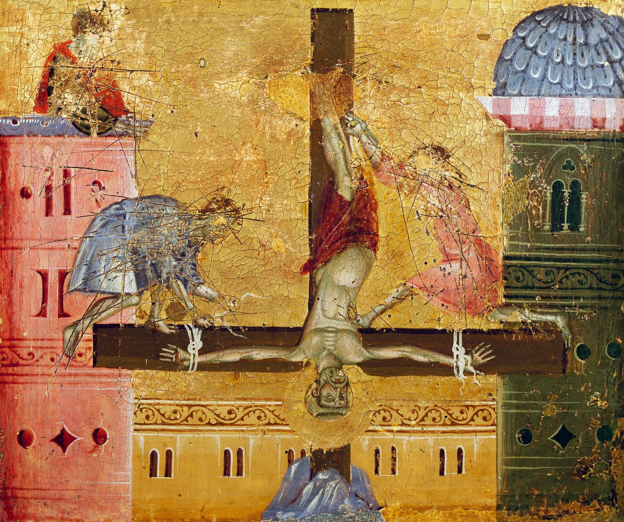 Ukřižování sv. Petra, detail z Paliota sv. Petra na trůnu, od Guida da Siena (aktivní cca 1250 - 1300), malba na dřevě. od Guido da Siena