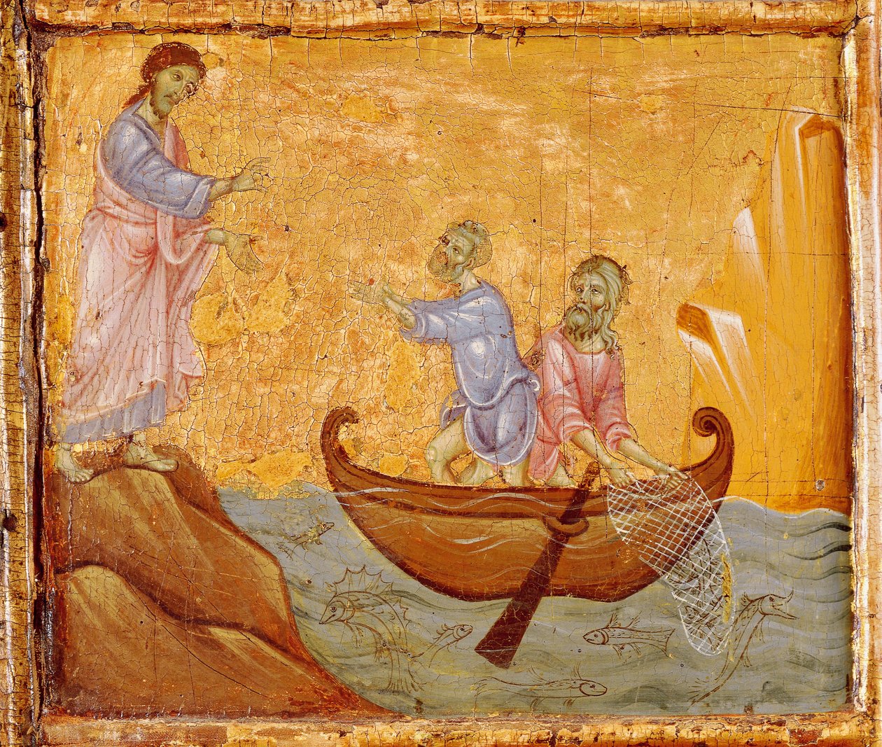 Zázračný úlovek ryby, detail z Antependia svatého Petra na trůnu od Guida da Siena (kolem 1250-1300), tempera a zlato na dřevě od Guido da Siena