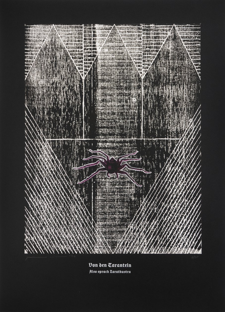 O tarantuli, Tak pravil Zarathustra, 2024 (dřevoryt a sítotisk) od Guilherme Pontes