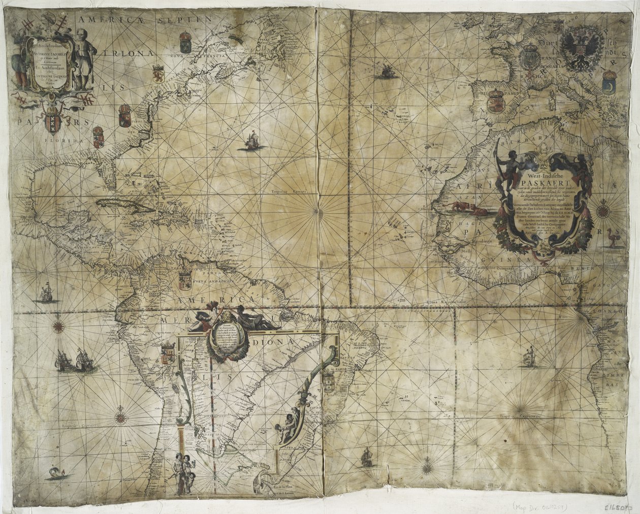 Územní fondy Nizozemské západoindické společnosti, 1710 (ručně kolorovaný tisk na pergamenu) od Guillaume and Jean Bleau