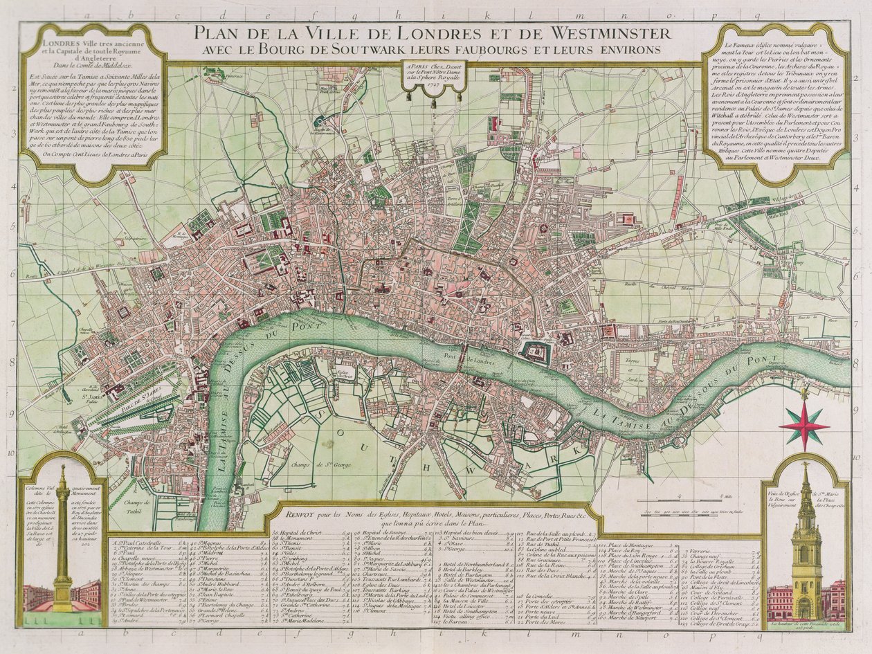 Plán měst Londýna a Westminsteru, 1727 (ručně kolorovaná rytina) od Guillaume Danet