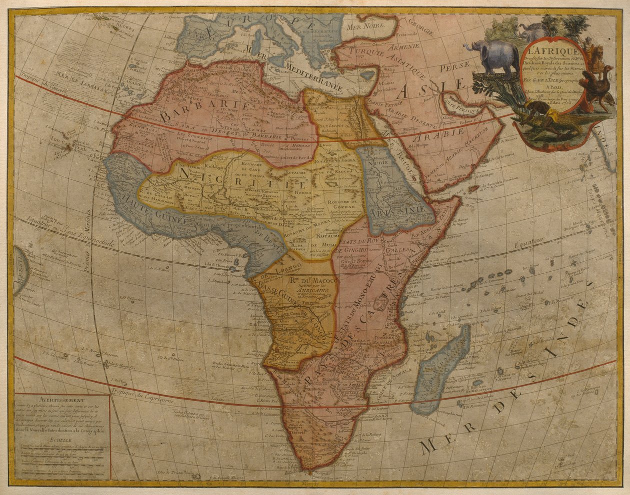 Mapa Afriky, vydaná v roce 1700, Paříž (barevná rytina) od Guillaume Delisle