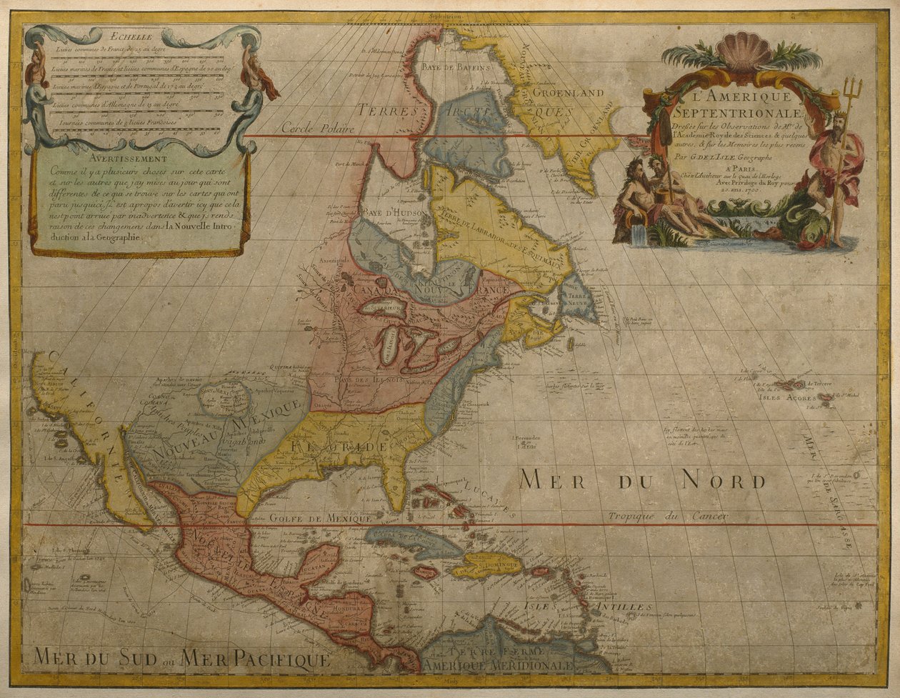 Mapa Střední a Severní Ameriky, vydaná v roce 1700, Paříž (barevná rytina) od Guillaume Delisle