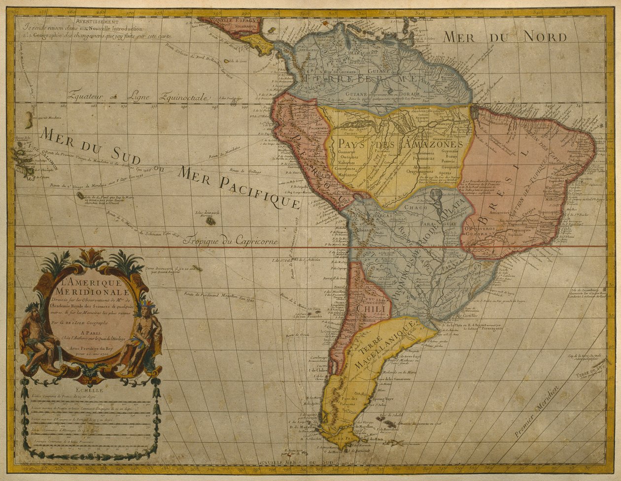 Mapa Jižní Ameriky, vydaná v roce 1700, Paříž (barevná rytina) od Guillaume Delisle