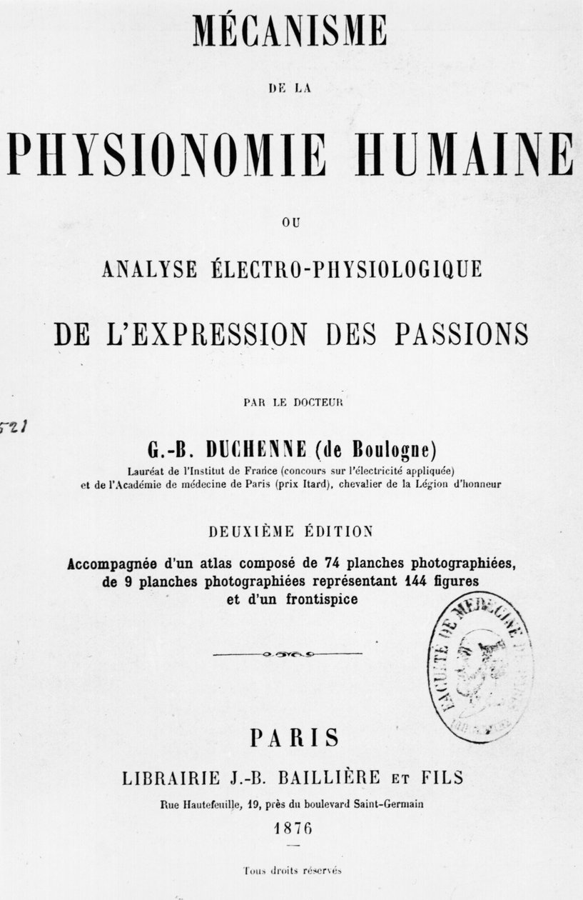 Titulní strana knihy "Mecanisme de la Physionomie humaine ou analyse electrophysiologique des passions" od Duchenne de Boulogne, vydáno 1876, Paříž od Guillaume Benjamin Armand Duchenne de Boulogne
