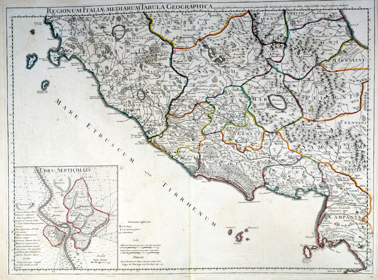 Historická mapa italské oblasti, kde žili Etruskové podle Atlasu G. Delysle od Guillaume (after) Delisle