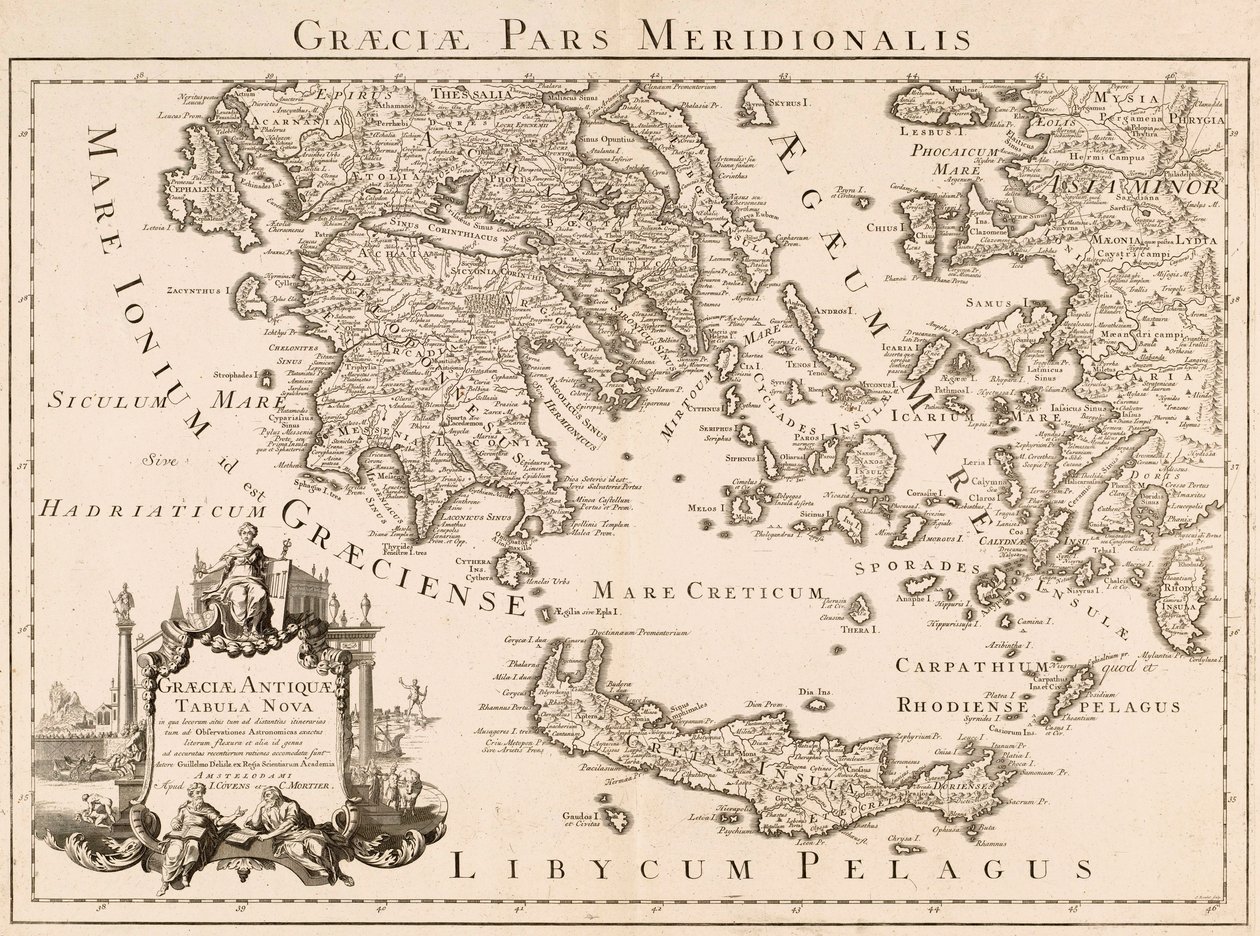 Mapa starověkého Řecka a části Turecka (rytina) od Guillaume (after) Delisle
