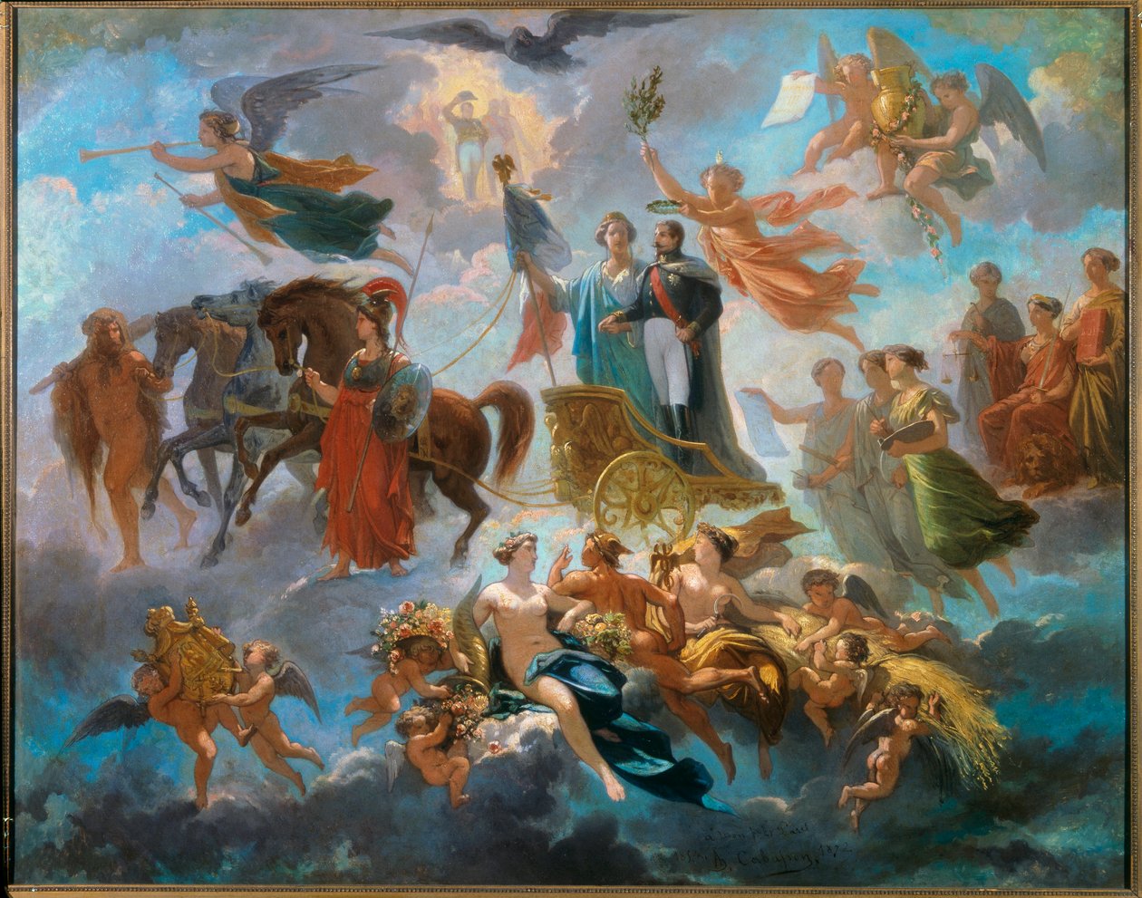 Apoteóza Napoleona III. (1808-1873) Alegorické zobrazení triumfu císařské koruny na voze mezi mytologickými postavami Athéna, Herkules, Hermes. Obraz Alphonse Cabassona (1814-1884) 1854 Ne. 0,65 x 0,81 m Compiegne od Guillaume Alphonse Harang Cabasson