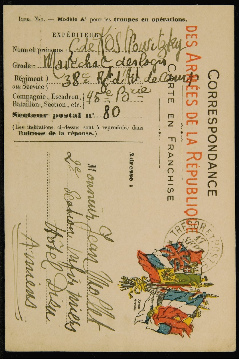 Podpisová pohlednice Jeanu Molletovi ze dne 16. září 1915 od Guillaume Apollinaire