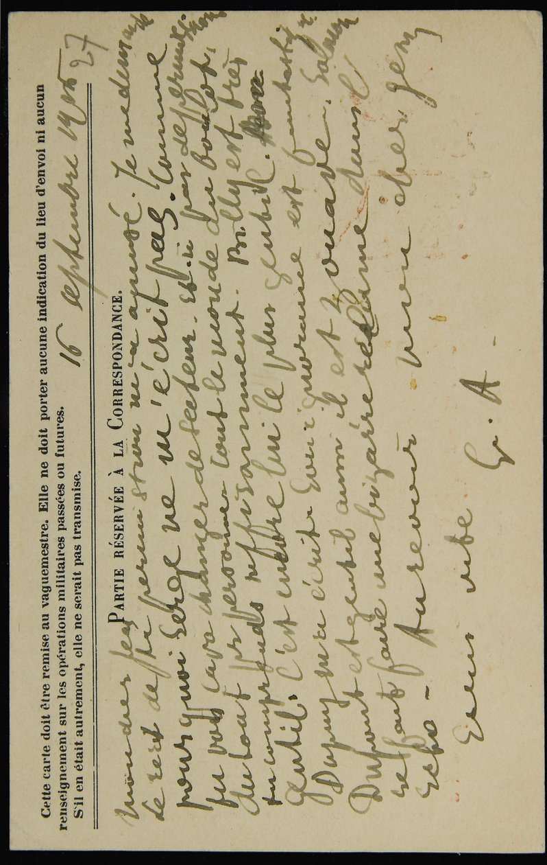 Podpisová pohlednice Jeanu Molletovi ze dne 16. září 1915 od Guillaume Apollinaire