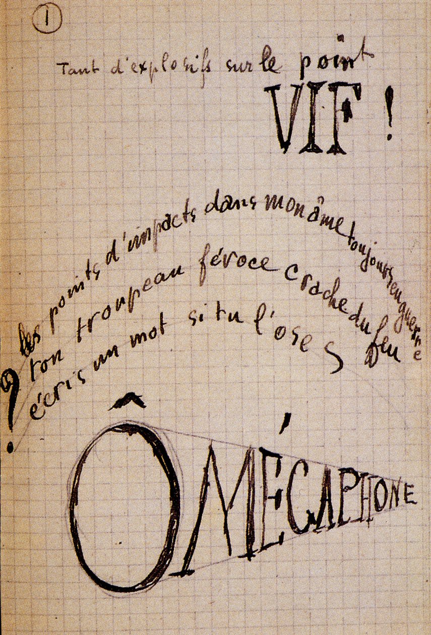 Kaligram Guillauma Apollinaira - v "Du coton dans les oreilles", autografní rukopis o 17 listech od Guillaume Apollinaire