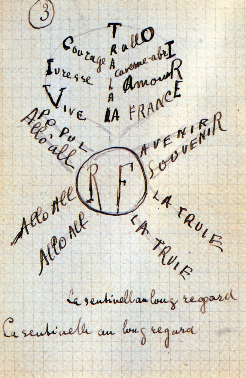 Kaligram od Guillauma Apollinairea - v „“Du coton dans les oreilles“, autogramový rukopis 17 listů od Guillaume Apollinaire