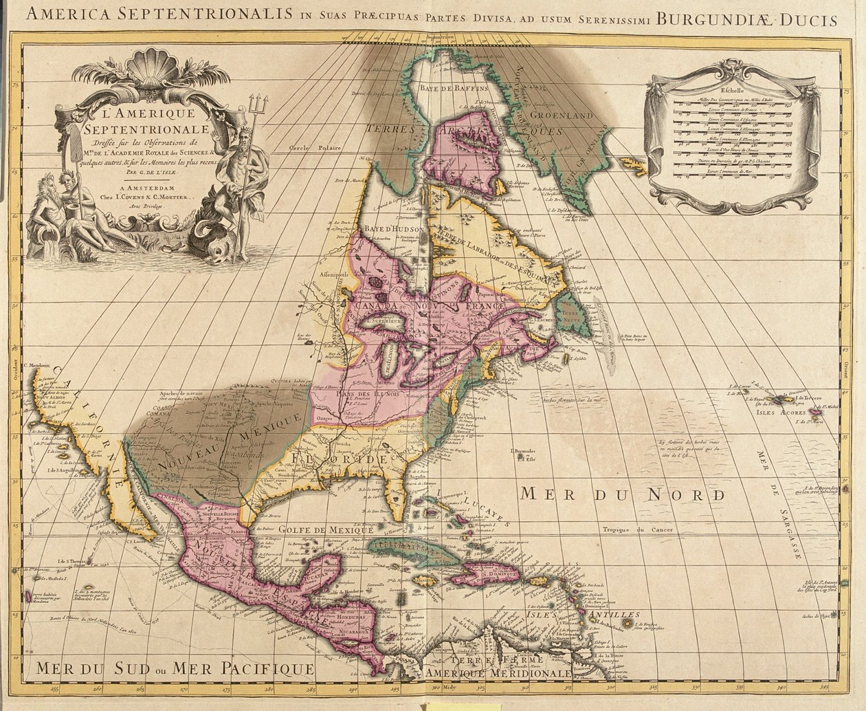 Východní Kanada, východní Spojené státy, Mexiko, Guatemala, Salvador, Belize, Honduras, Nikaragua, Kostarika, Panama, Antigua a Barbuda, Bahamy, Barbados, Kuba, Dominika, Jamajka, Grenada, Haiti, Dominikánská republika, Svatý Kryštof a Nevis, Svatá Lucie,  od Guillaume Delisle