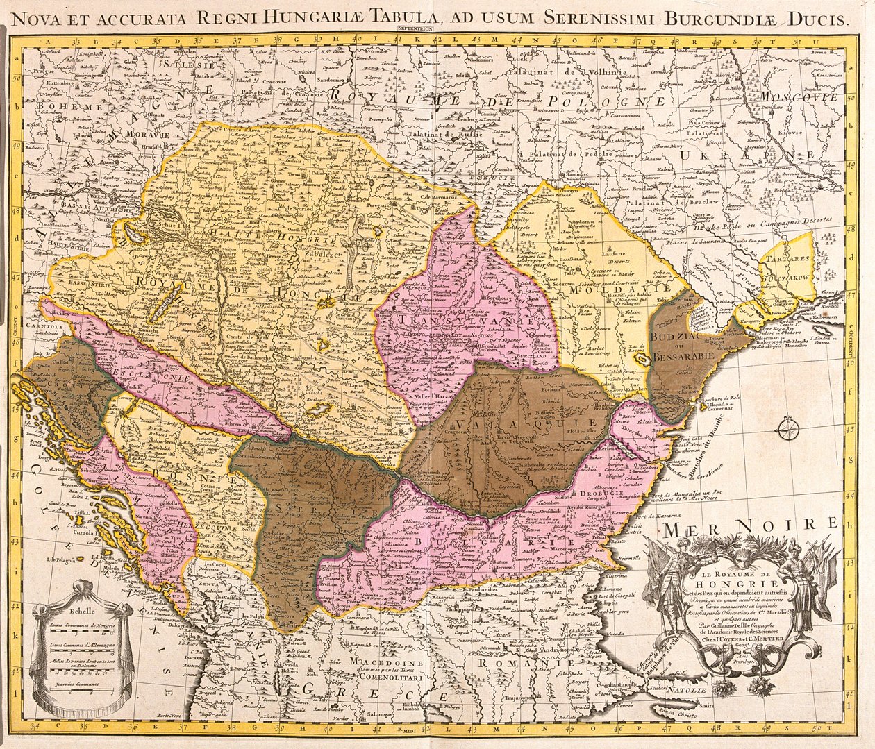 Velká část Chorvatska (kromě severu), Bosna a Hercegovina, Srbsko a Černá Hora, velká část Bulharska (kromě jihu), jižní Ukrajina, Moldavsko, Rumunsko, jižní Slovensko, Maďarsko. od Guillaume Delisle