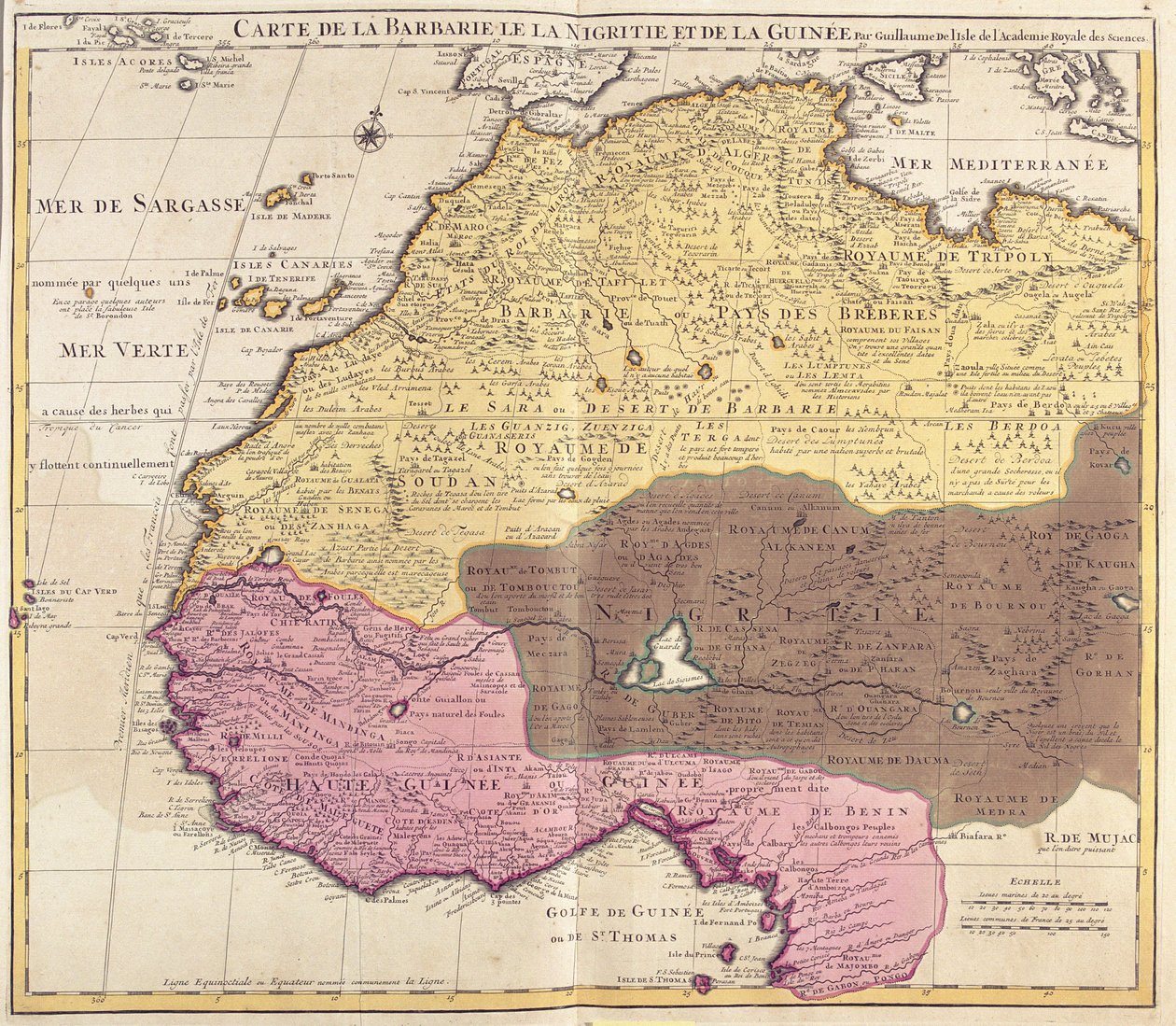 Mapa Barbarie (Maroko, Alžírsko, Tunisko, Libye), Nigritude (Mali, Burkina Faso, Niger) a Guineje (Senegal, Guinea, Sierra Leone, Libérie, Pobřeží slonoviny, Ghana, Togo, Benin, Nigérie) (lept od Guillaume Delisle