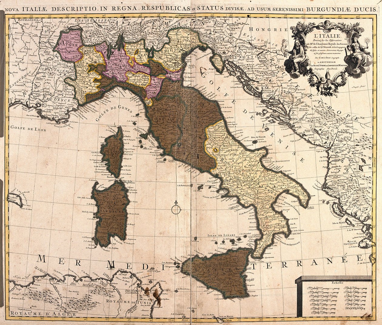 Mapa Itálie s Korsikou, Sardinií a Sicílií (lept od Guillaume Delisle