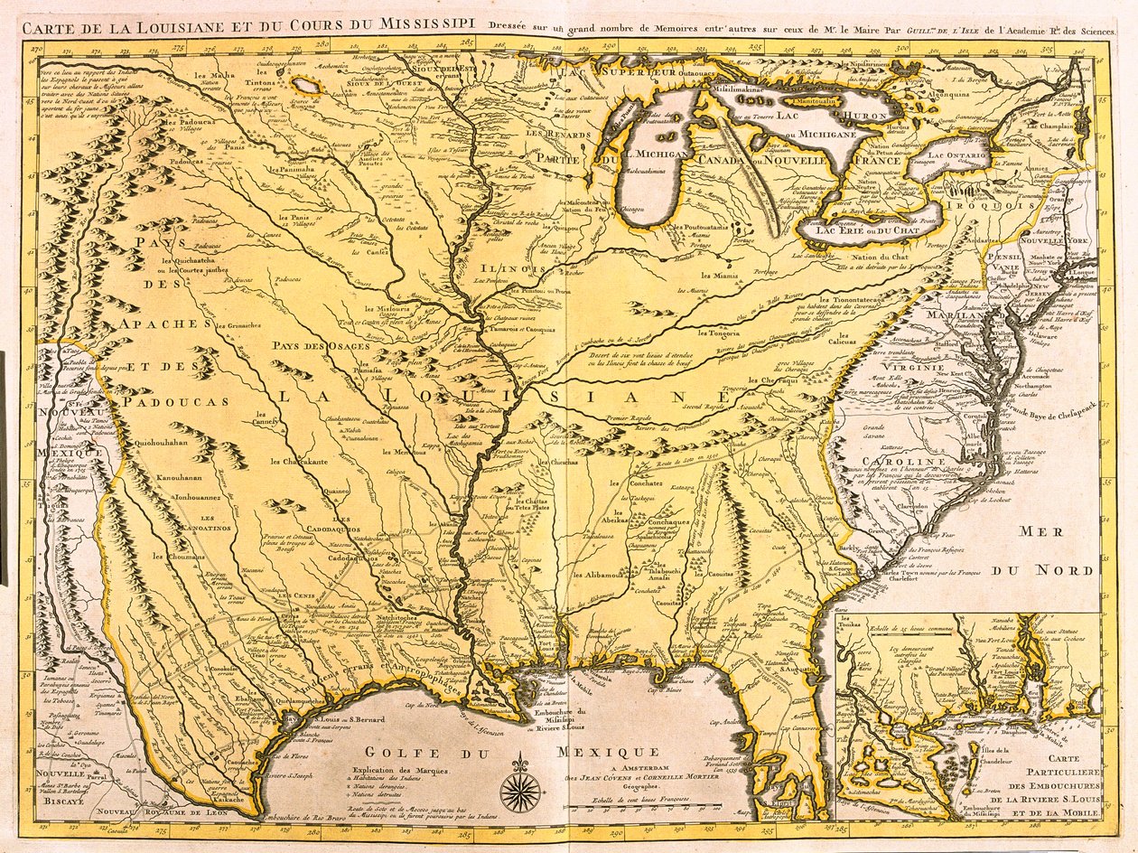 Mapa Louisiany (USA) a řeky Mississippi (lept od Guillaume Delisle