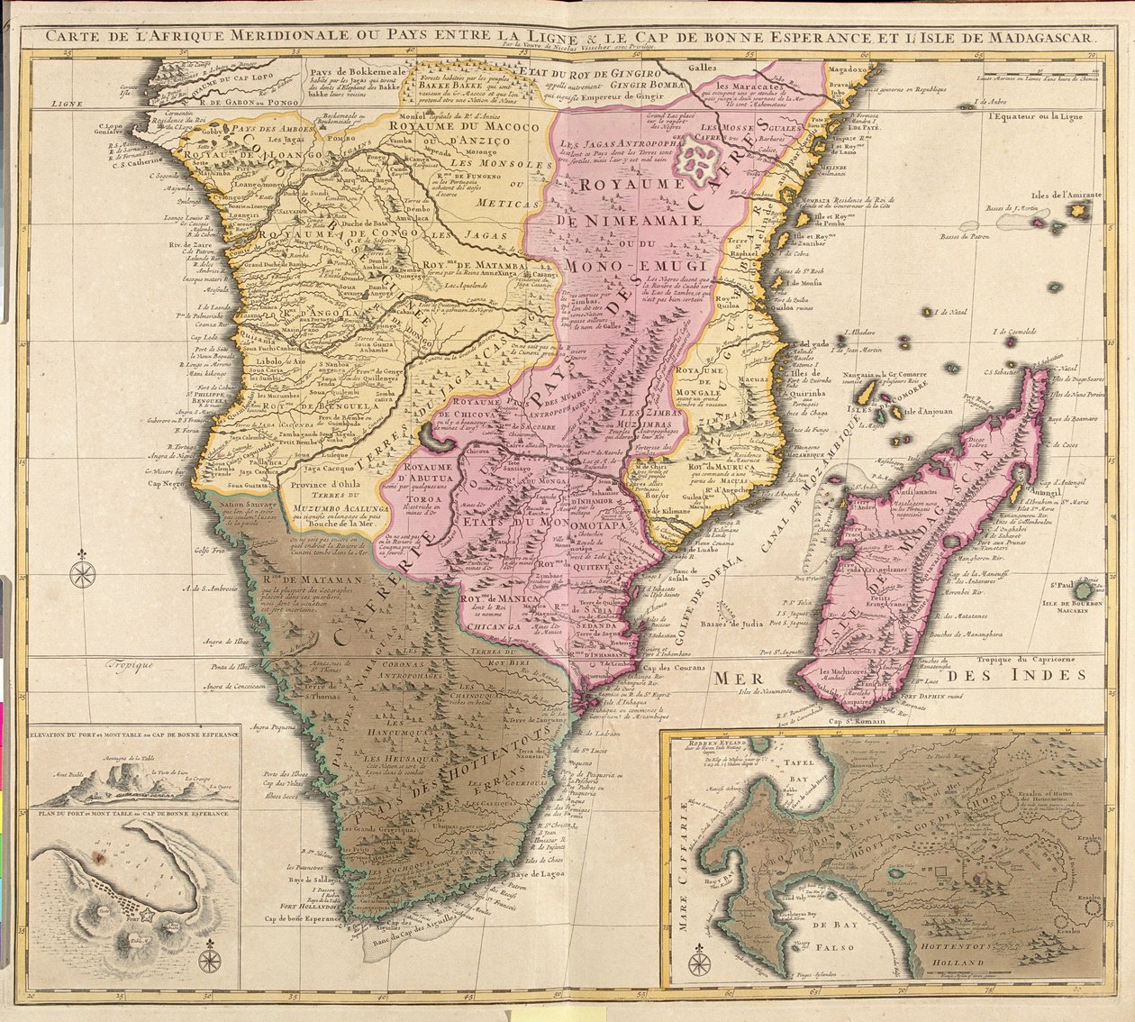 Mapa polední Afriky (Angola, Namibie, Zambie, Zimbabwe, Mozambik, Jižní Afrika) s ostrovem Madagaskar (lept od Guillaume Delisle