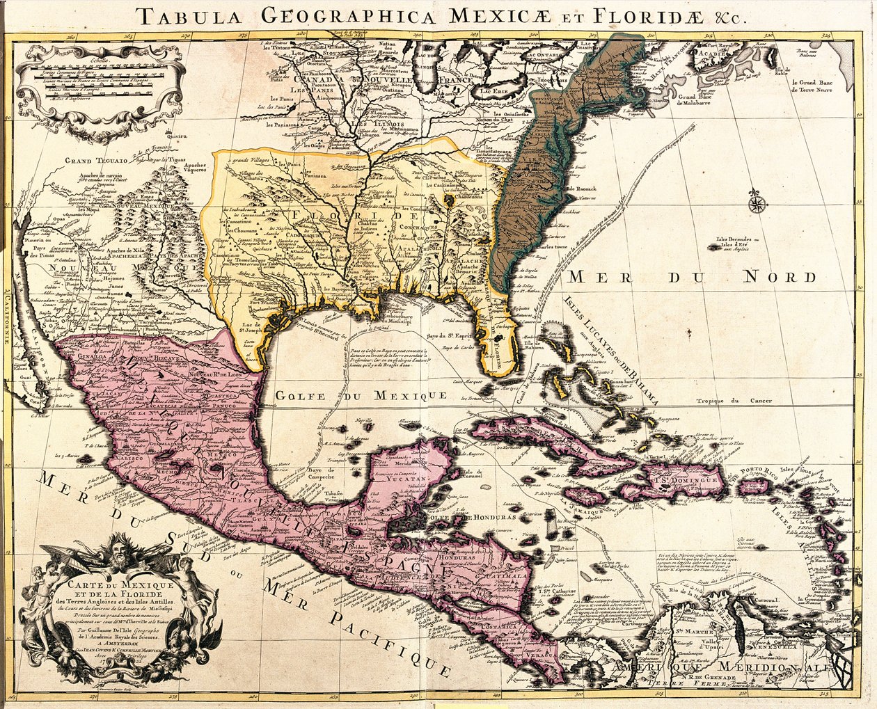 Mapa Mexika a Floridy (USA) s karibskými ostrovy (Kuba, Haiti, Jamajka, Antily) (lept od Guillaume Delisle