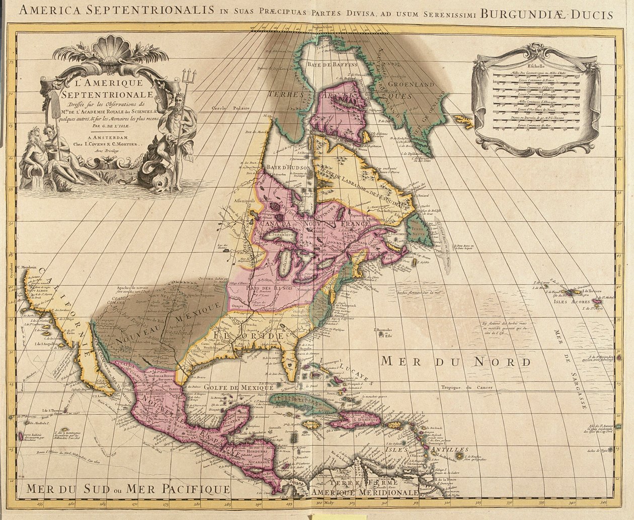 Mapa Severní Ameriky (Grónsko, Kanada, USA, Mexiko a Karibské ostrovy: Kuba, Haiti, Jamajka, Západní Indie) (lept od Guillaume Delisle