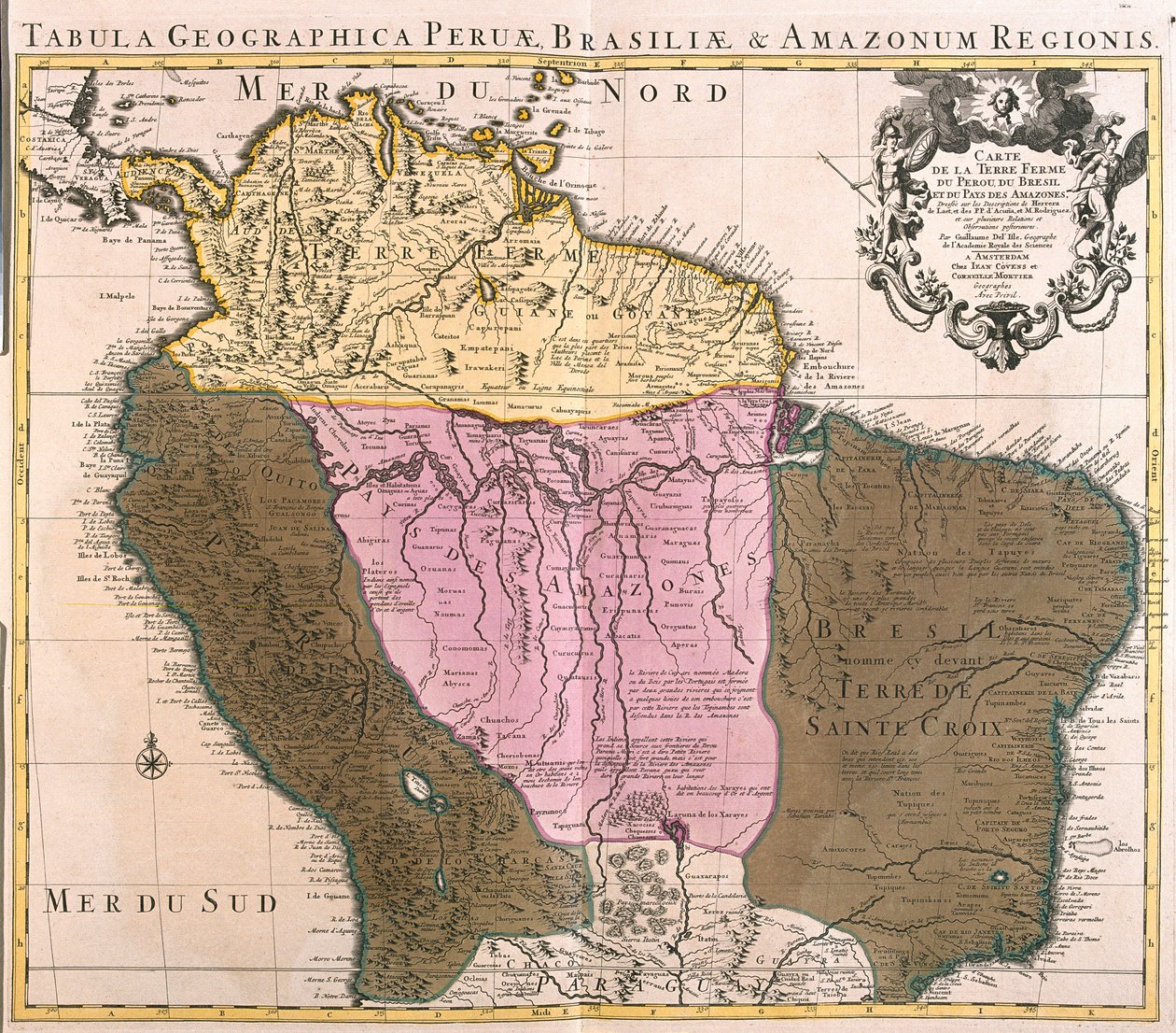 Mapa Peru, Guyany, Brazílie a oblastí Amazonie (lept od Guillaume Delisle